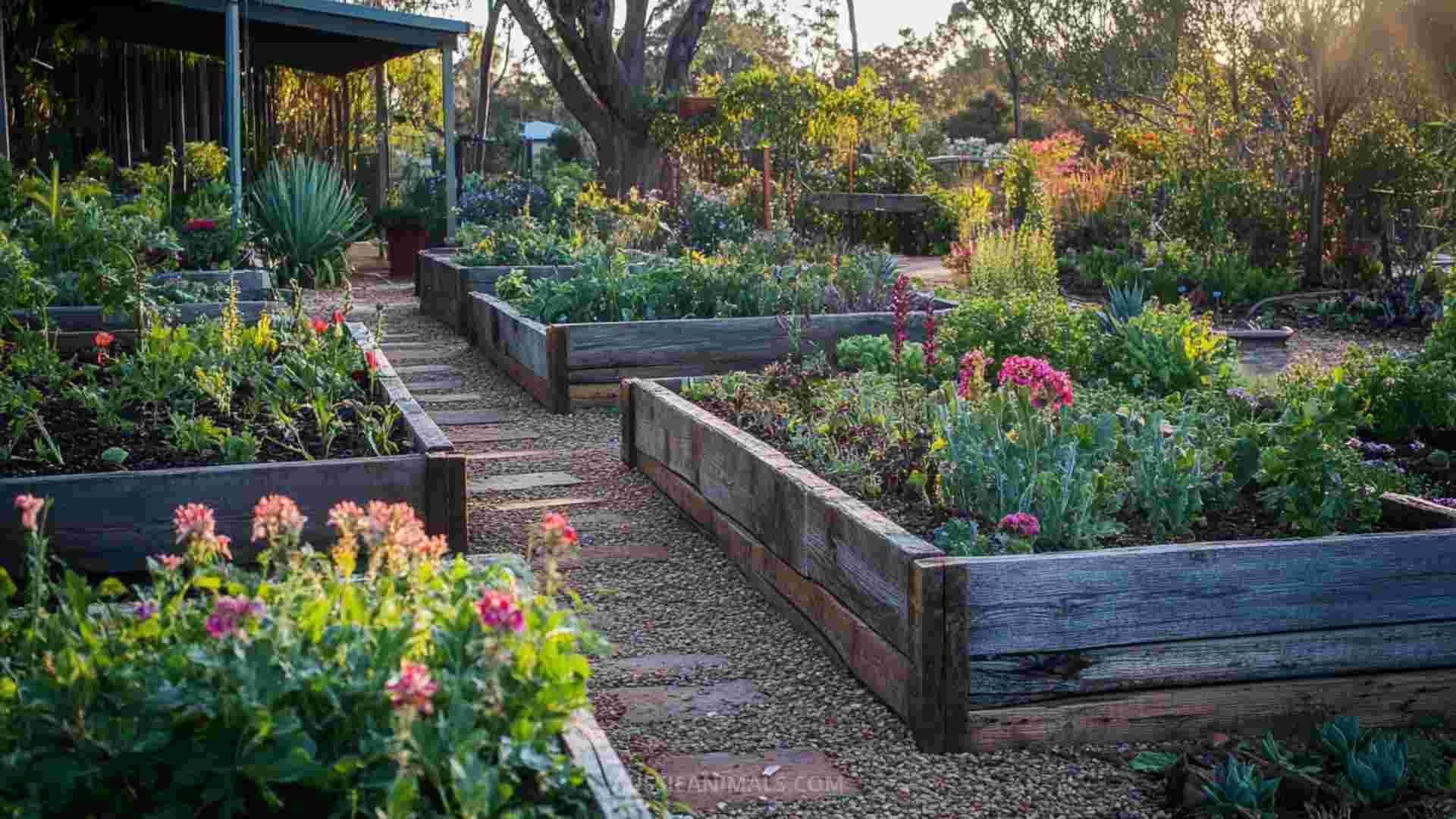 Sustainable backyard in Australia with native plants and vegetable garden