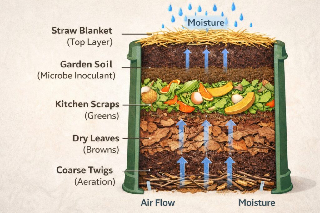  Follow the 'lasagne' layering method from this Australian Composting Guide to build a perfect, hot, and fast-working compost pile.