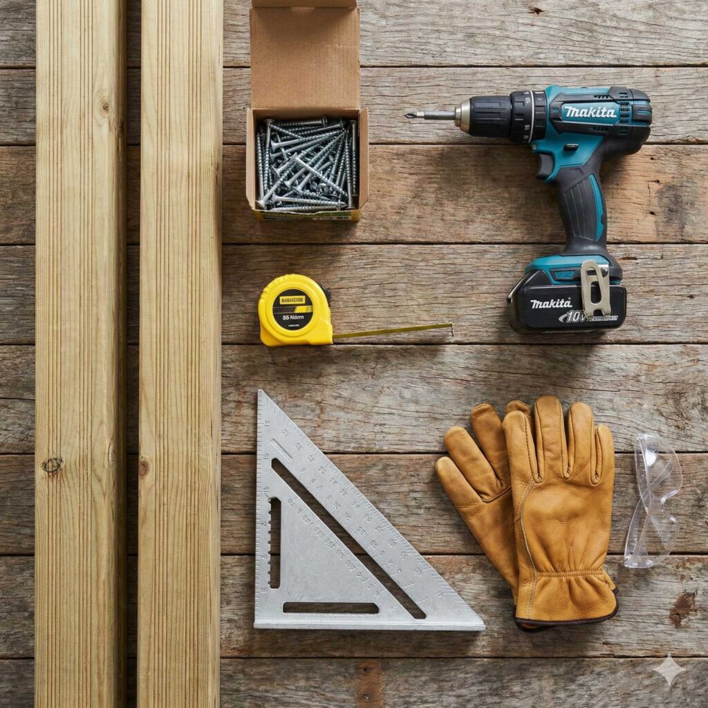 Tools and materials for building raised beds, including H4 treated pine and galvanised screws.
