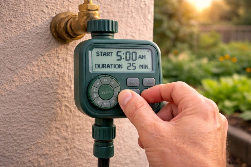 Programming an automatic timer, a smart addition to any backyard irrigation ideas Australia setup for perfect timing.