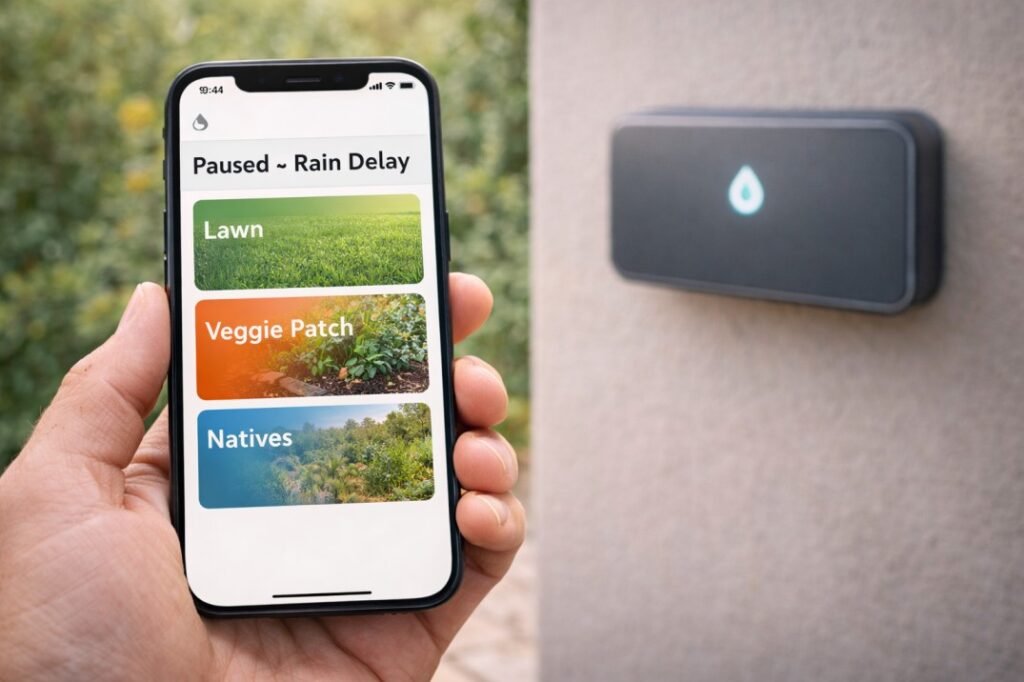 A smart irrigation controller app managing zones, representing advanced backyard irrigation ideas Australia.