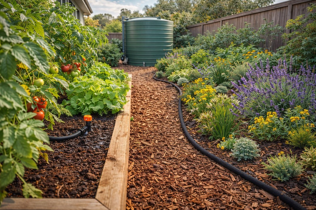A lush Australian garden utilising multiple efficient backyard irrigation ideas Australia for a thriving outdoor space.