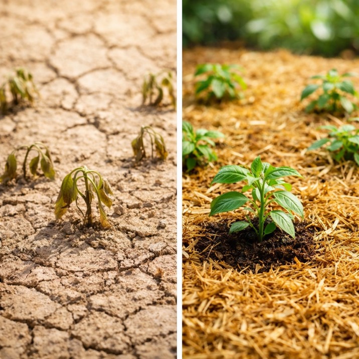 A dramatic before-and-after transformation showing the power of a proper garden mulch guide Australia, from dry soil to a healthy, protected garden bed.

