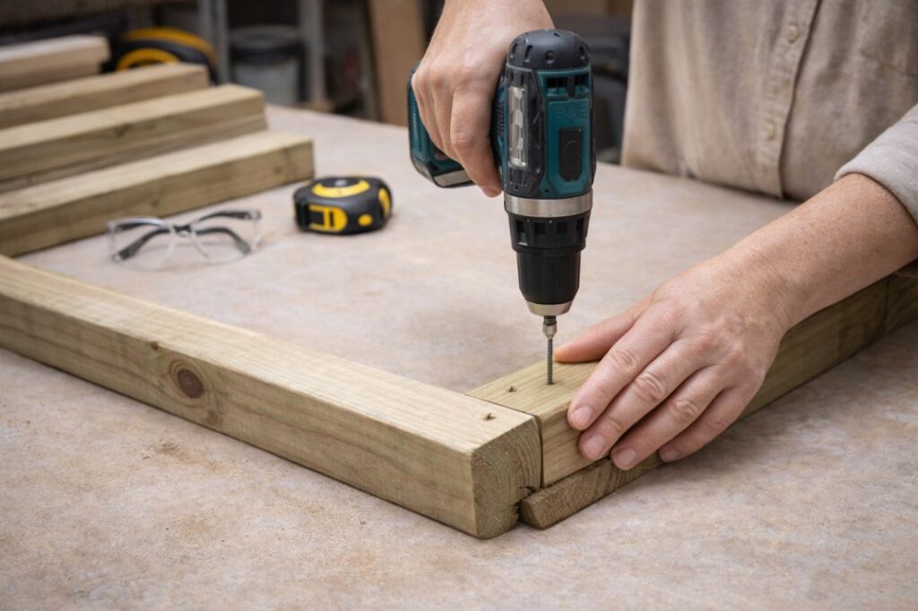 Getting started: the first step in your DIY chicken coop backyard Australia project is assembling a strong, square frame from treated pine.