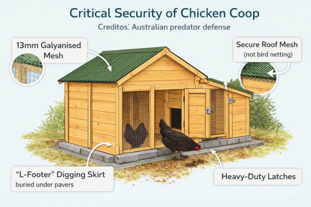 Essential predator-proofing details you must include in your DIY chicken coop backyard Australia plan to protect against foxes and dogs.