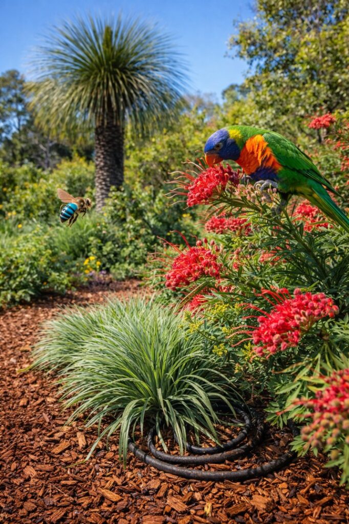 A vibrant and layered garden bed of colorful Australian native plants thriving in full sun, attracting local birds and bees.