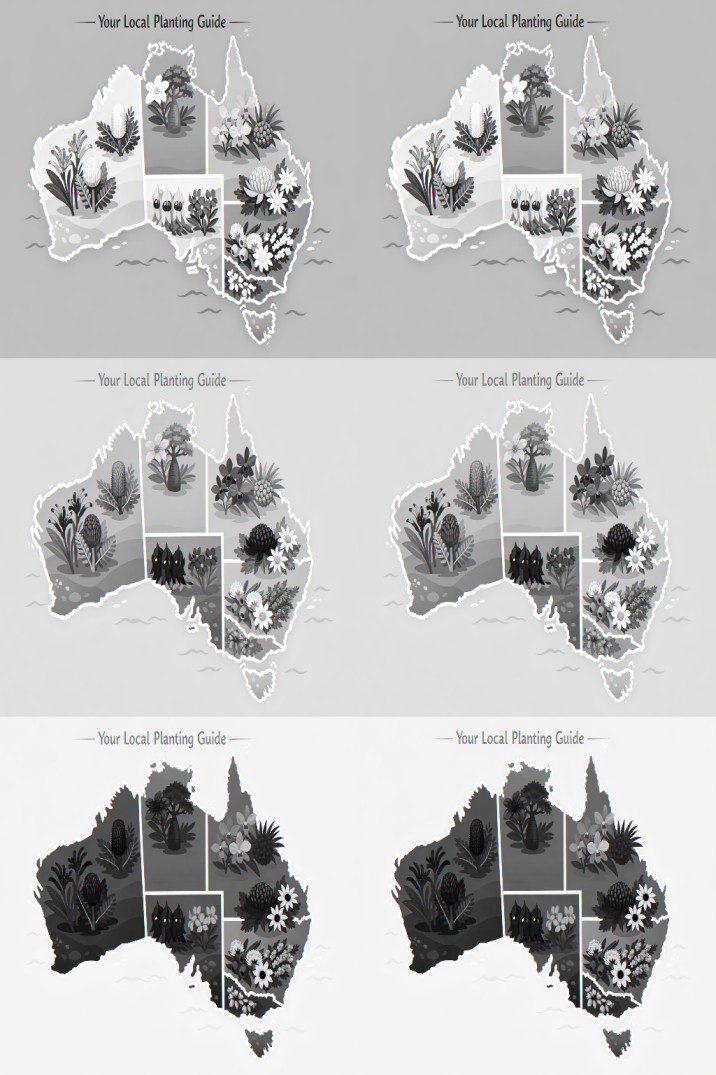 Native plants Australia by state - illustrated map showing local species for each region like Waratah and Kangaroo Paw