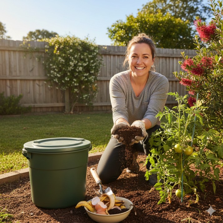 A person happily using rich, dark compost from their backyard composting for beginners bin to feed a healthy tomato plant in a sunny Australian garden.