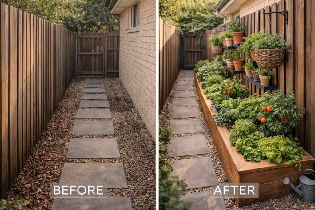 A direct comparison showing a narrow side passage transformed into a productive garden, highlighting clever small backyard gardening ideas Australia.