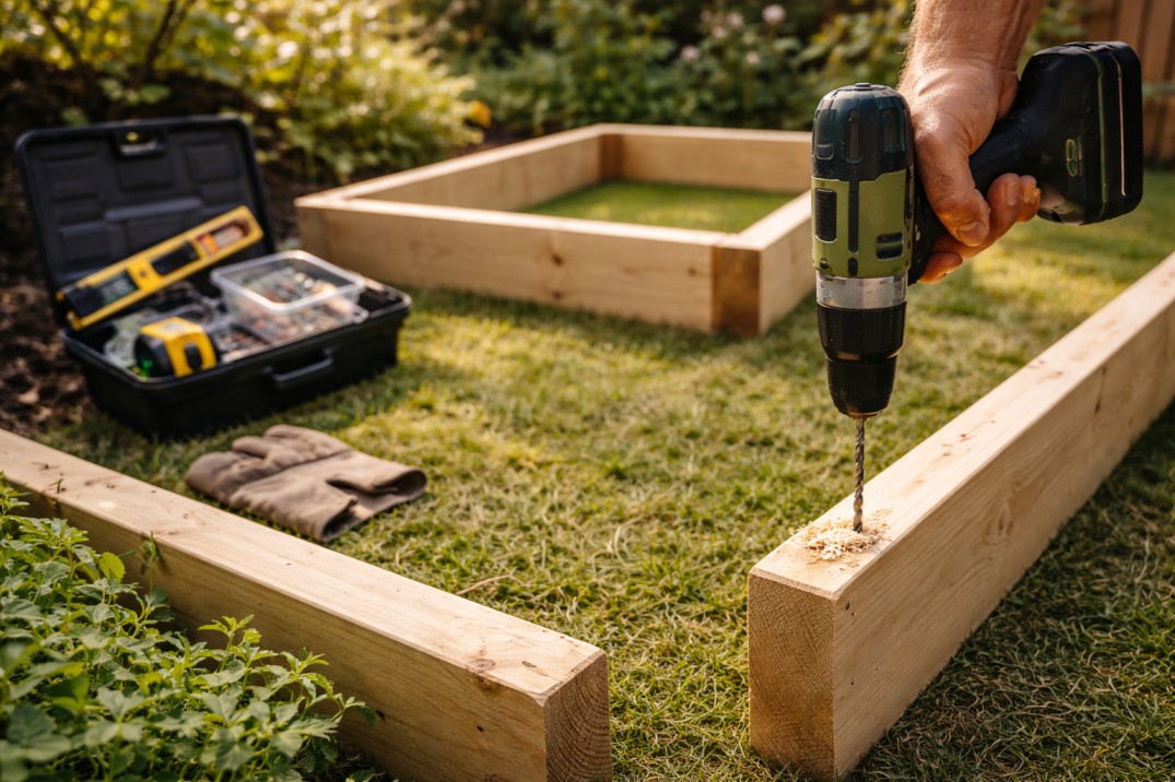 A builder drills into timber while assembling a frame, showcasing the hands-on process of a raised garden beds Australia DIY project.