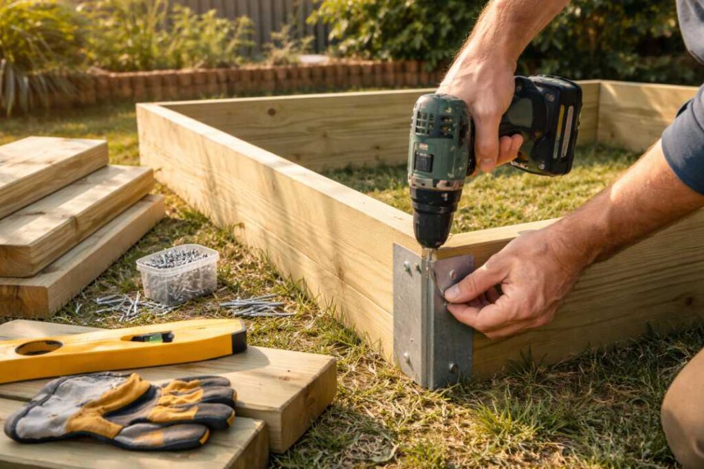 Beginner vegetable gardening step: building a raised garden bed foundation in Australia.