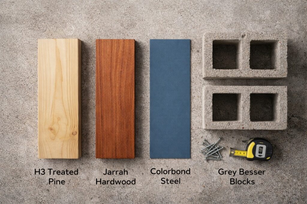 A flat-lay comparison of timber, steel, and concrete blocks to help choose materials for a raised garden beds Australia DIY project.