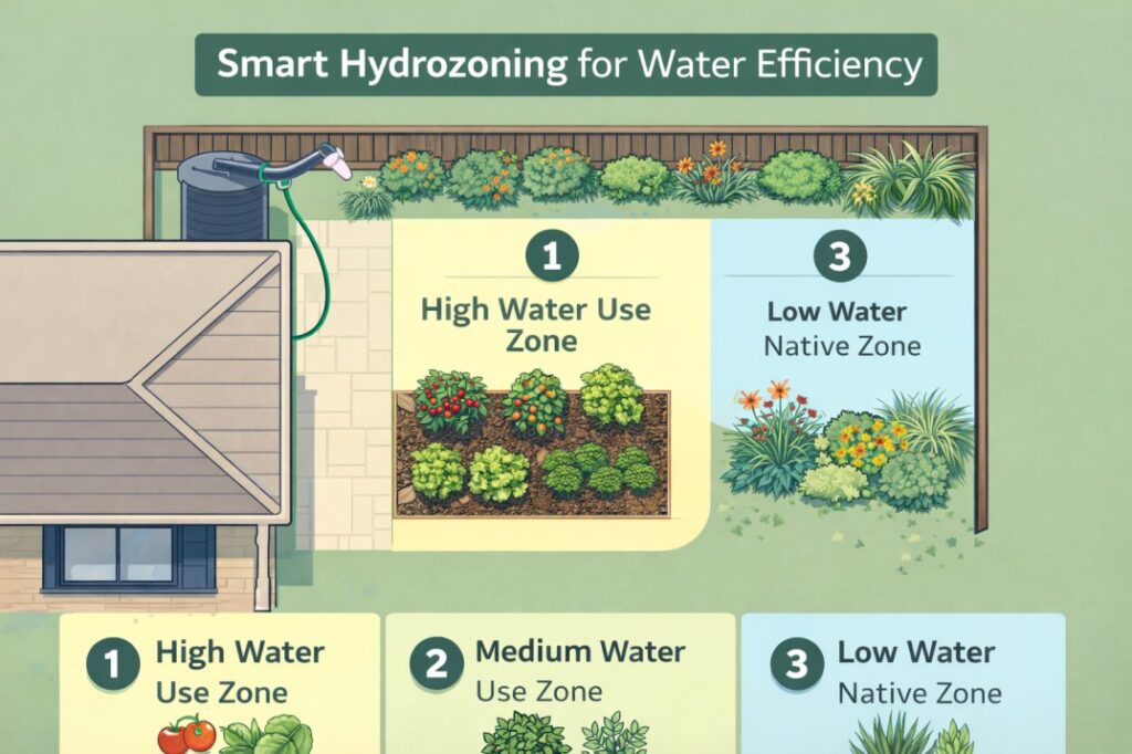An illustrated garden map demonstrating smart hydrozoning, a key water saving tip backyard Australia strategy.