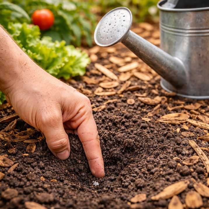 Close-up of the gardener's finger test to check soil moisture before watering, a simple water saving tip backyard Australia.