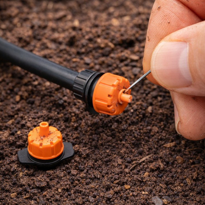 Troubleshooting and cleaning a clogged emitter in a drip irrigation system Australia backyard.