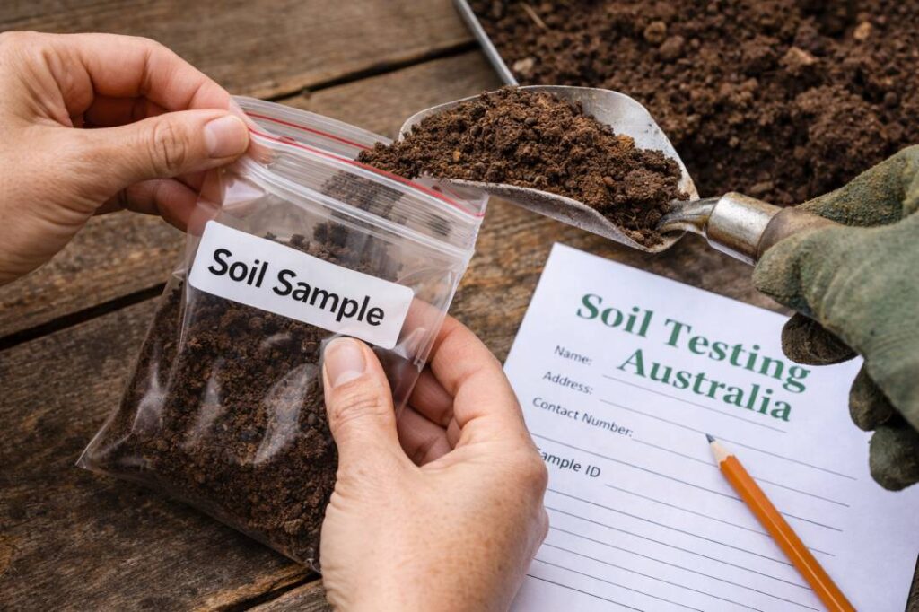 A gardener performing essential soil testing in Australia to check pH and nutrient levels before amending the garden.