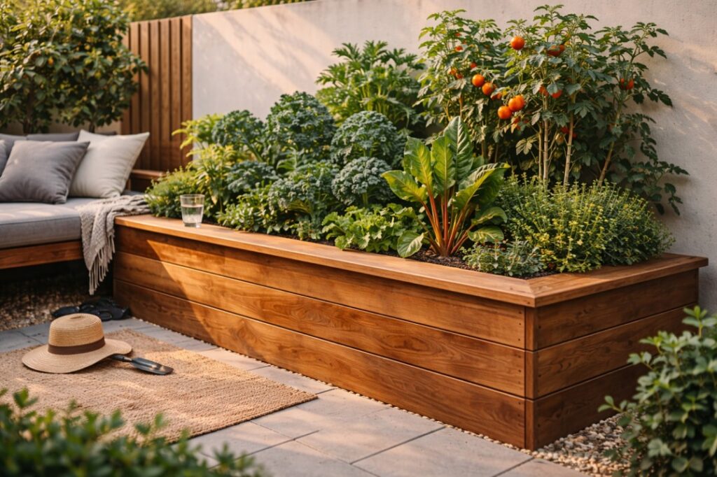 A tall raised garden bed that also functions as seating, a key element of space-saving small backyard gardening ideas Australia.