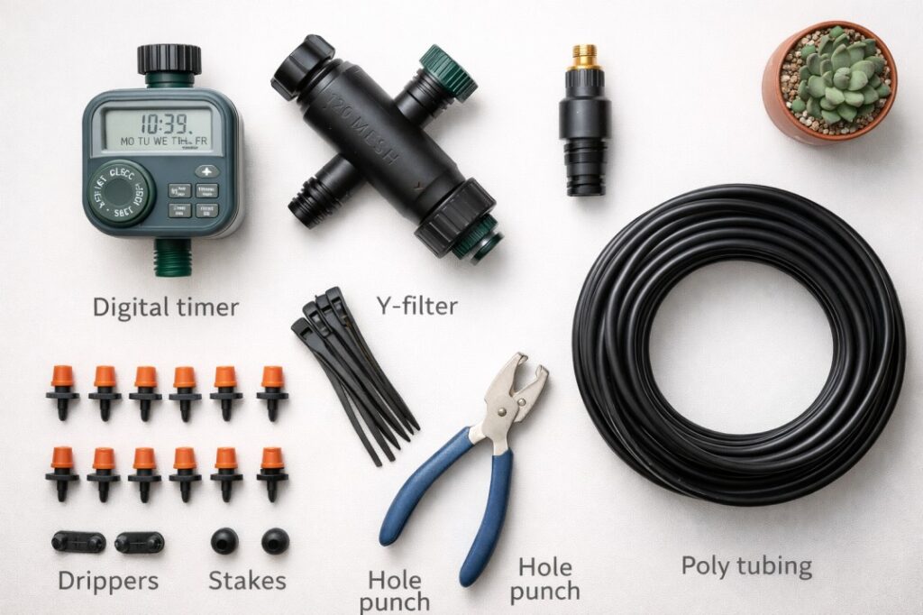 Essential components like a timer, filter, and poly tubing needed to build a drip irrigation system Australia backyard.