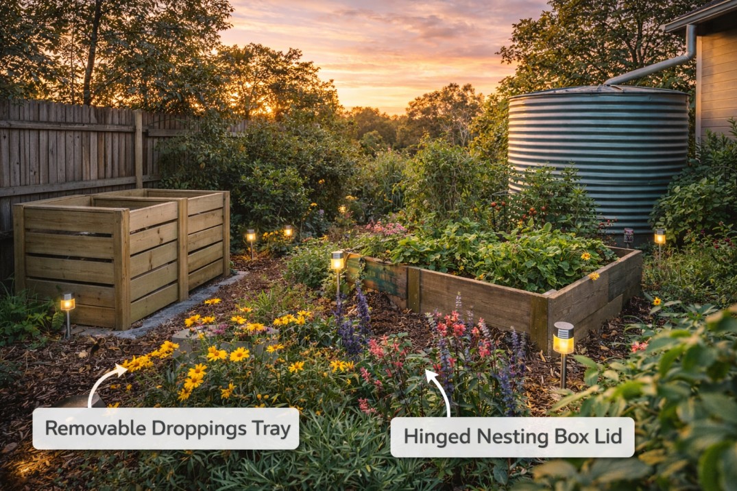 A thriving, sustainable ecosystem created by implementing multiple eco friendly backyard projects in an Australian garden.