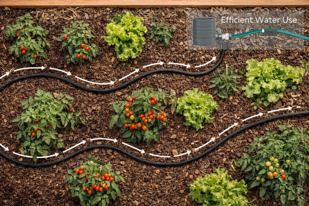 A soaker hose irrigating a vegetable garden from a rainwater tank, demonstrating efficient rainwater harvesting backyard Australia.