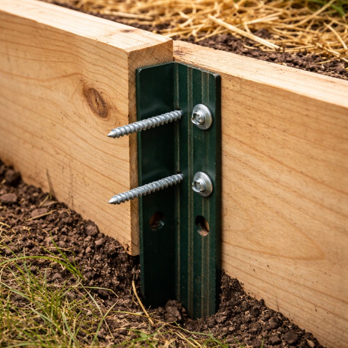 A close-up detail of a star picket screwed to a timber corner, showing essential bracing for a sturdy raised garden beds Australia DIY build.
