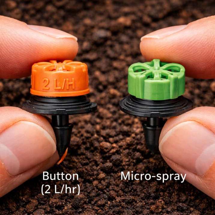Choosing between drippers and micro-sprays for different plants in a drip irrigation system Australia backyard.