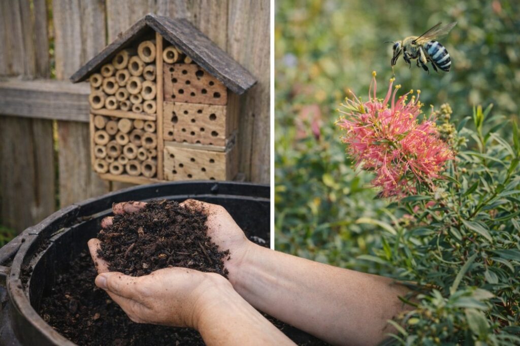 Building healthy soil and welcoming pollinators are fundamental backyard sustainability ideas Australia for a self-regulating garden.