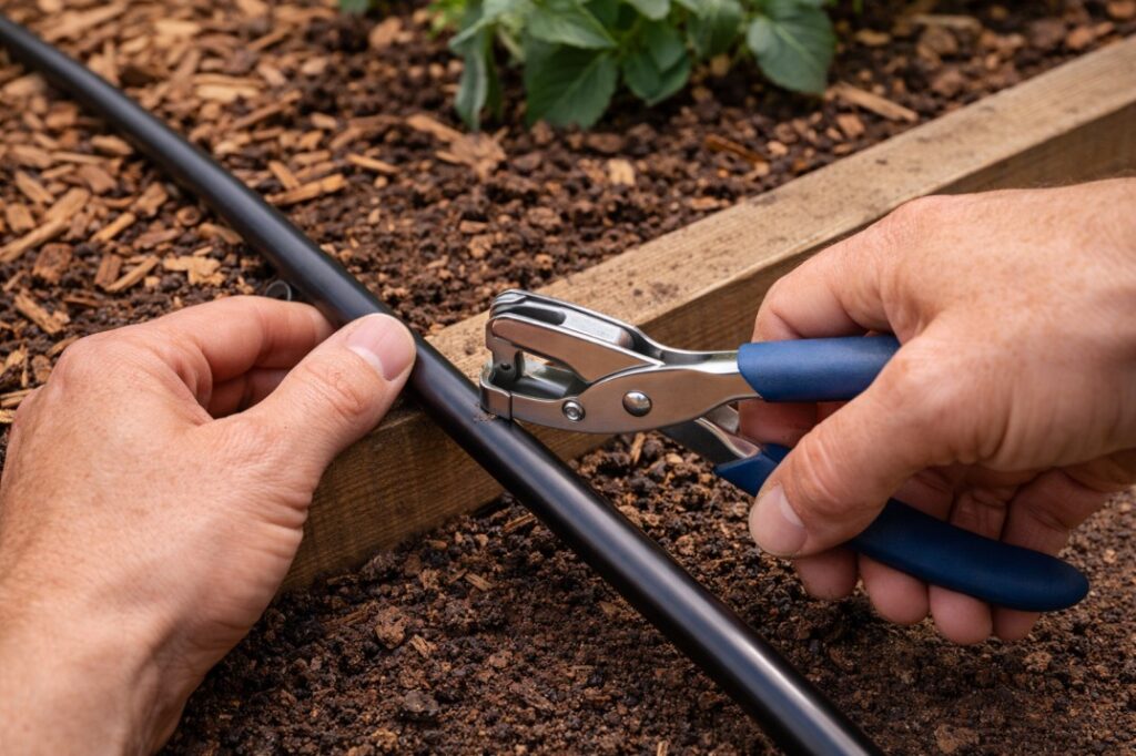 Installing a drip irrigation system Australia backyard by punching a hole for an emitter in the poly tubing.