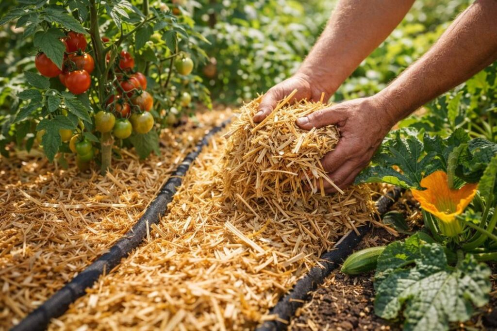 A practical demonstration of how to apply mulch from a garden mulch guide Australia, showing straw mulch used as the best mulch for vegetable garden health.