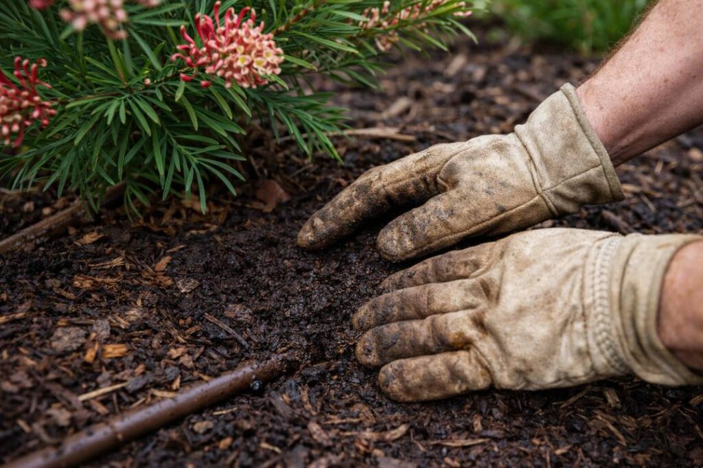  A gardener checking soil moisture in a mulched, drought-tolerant Australian garden bed, demonstrating hands-on water wise care.