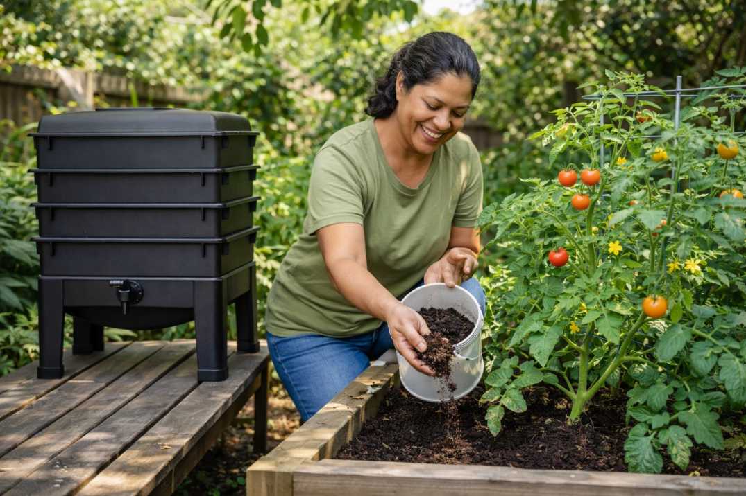 Achieve Worm Farming Mastery: enriching a thriving garden with homemade worm castings for healthy, productive plants.