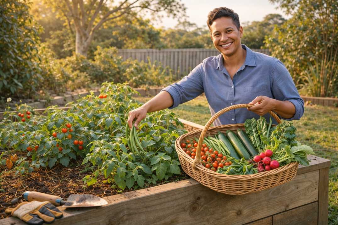 Start a vegetable garden Australia: A joyful gardener with a successful, abundant harvest in their backyard veggie patch.