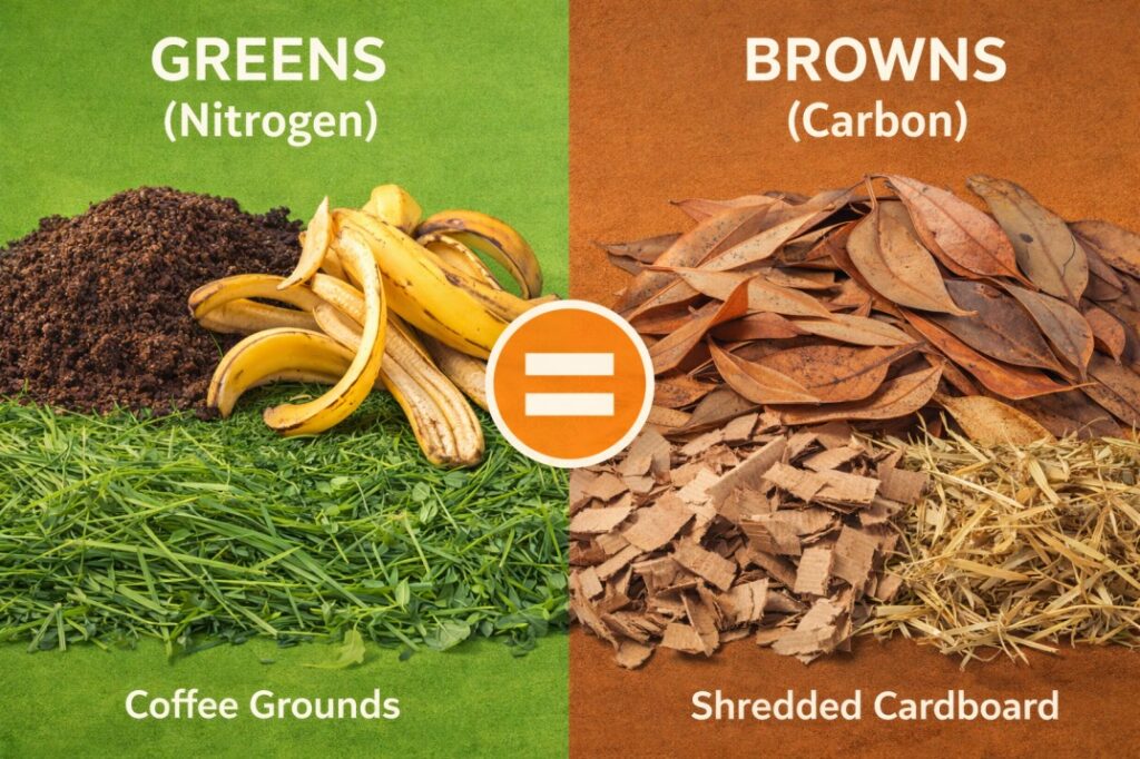 The fundamental rule of this Australian Composting Guide: a perfect 50/50 balance of Greens and Browns for healthy decomposition.