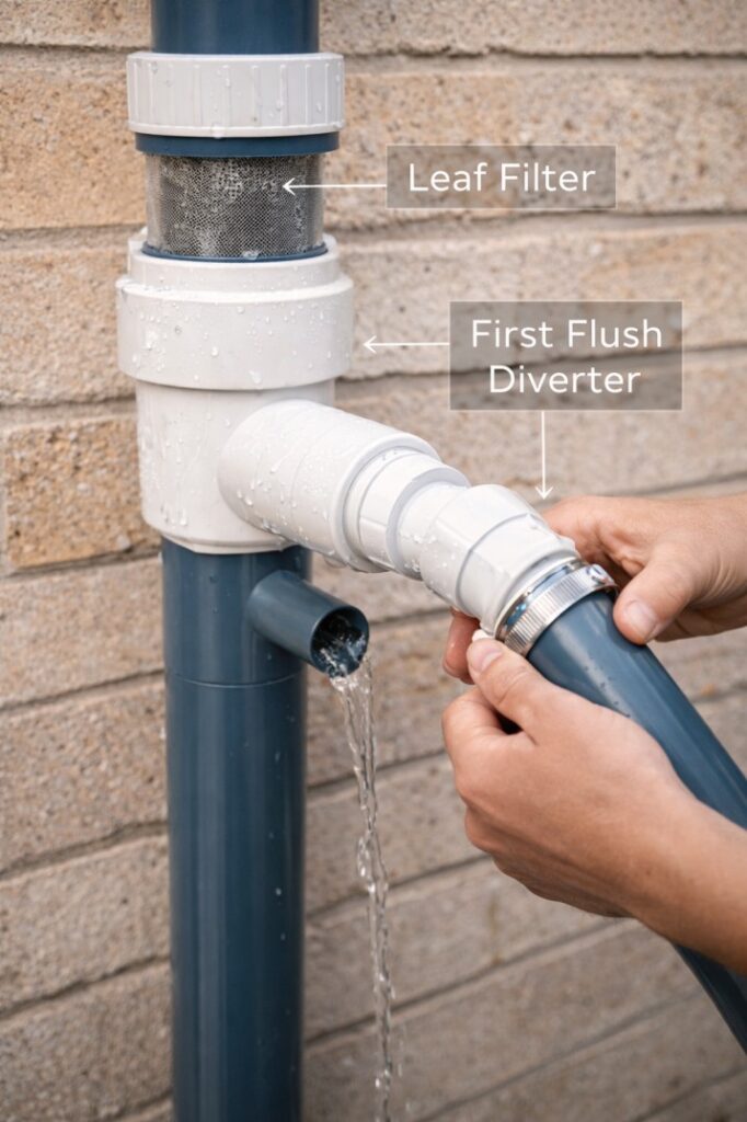 Close-up detail of installing a first flush diverter and leaf filter for a rainwater harvesting backyard Australia system.
