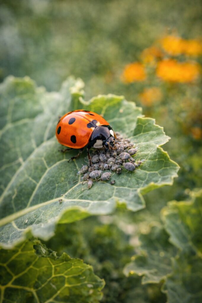 Ladybird beetle feeding on aphids