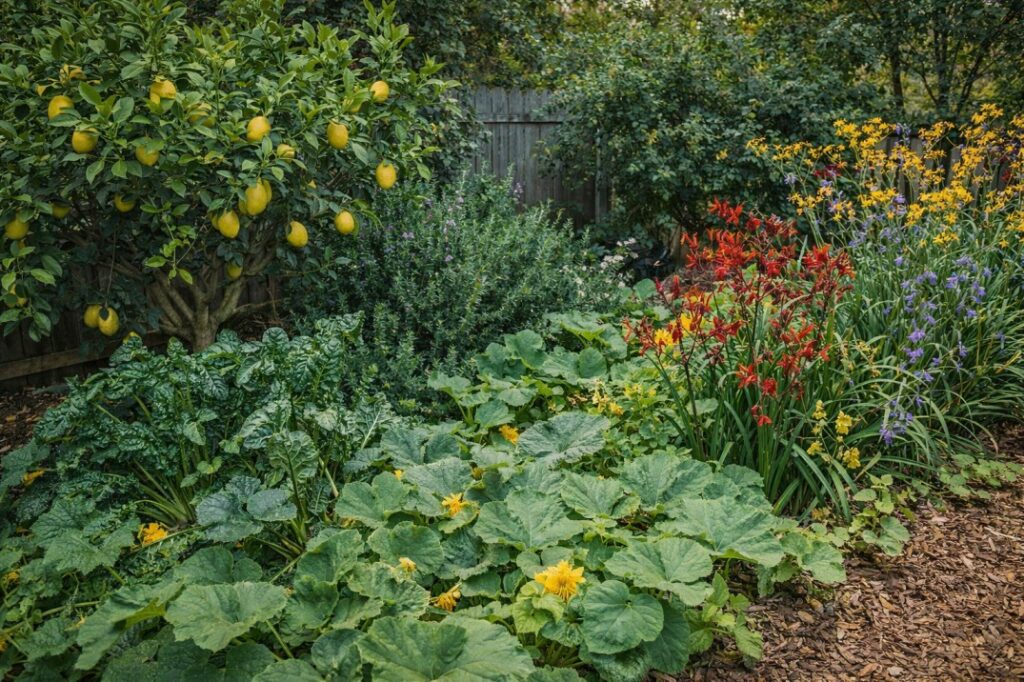 Combining food production with native plantings creates a resilient and productive system, a key goal of backyard sustainability ideas Australia.