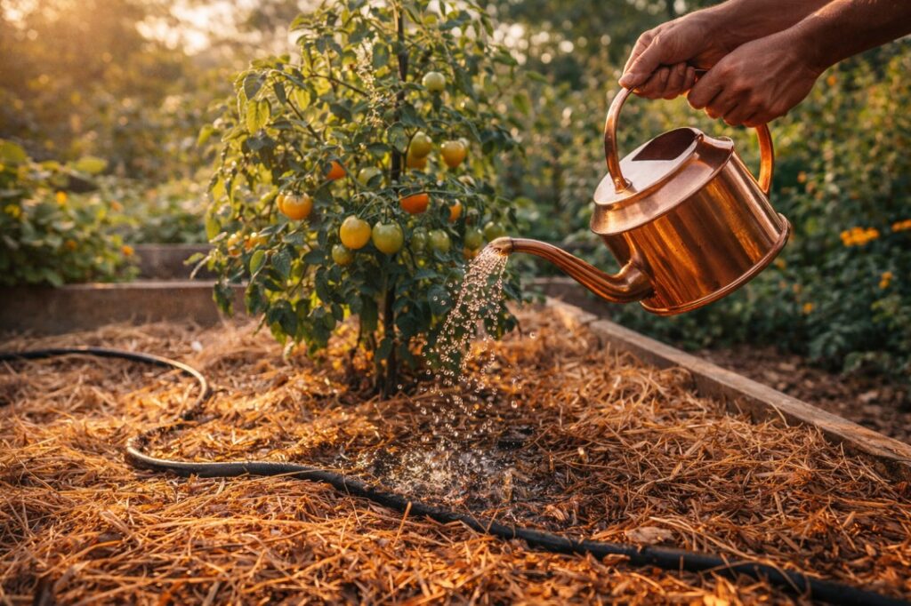 A gardener's hands watering vegetable seedlings at the base early in the morning, showcasing efficient watering techniques in an Australian garden.