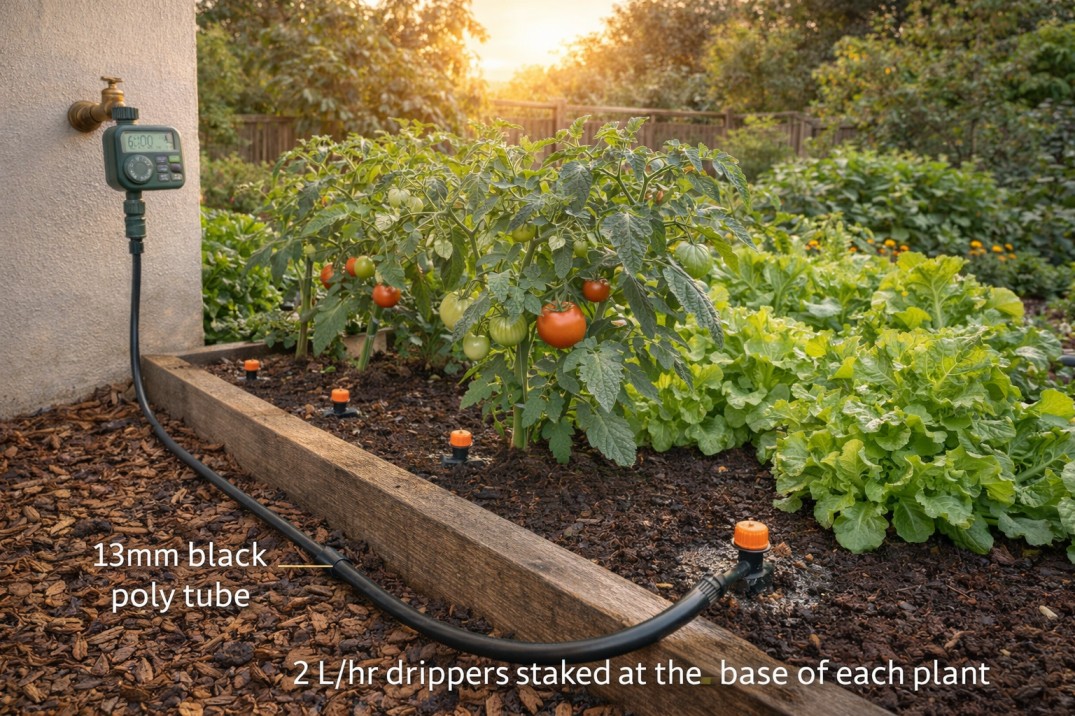 A complete, automated drip irrigation system Australia backyard watering a lush vegetable garden at sunrise.