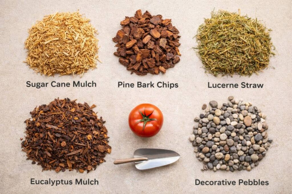 A visual comparison of the main types of mulch featured in a complete garden mulch guide Australia, from sugar cane to wood chips.