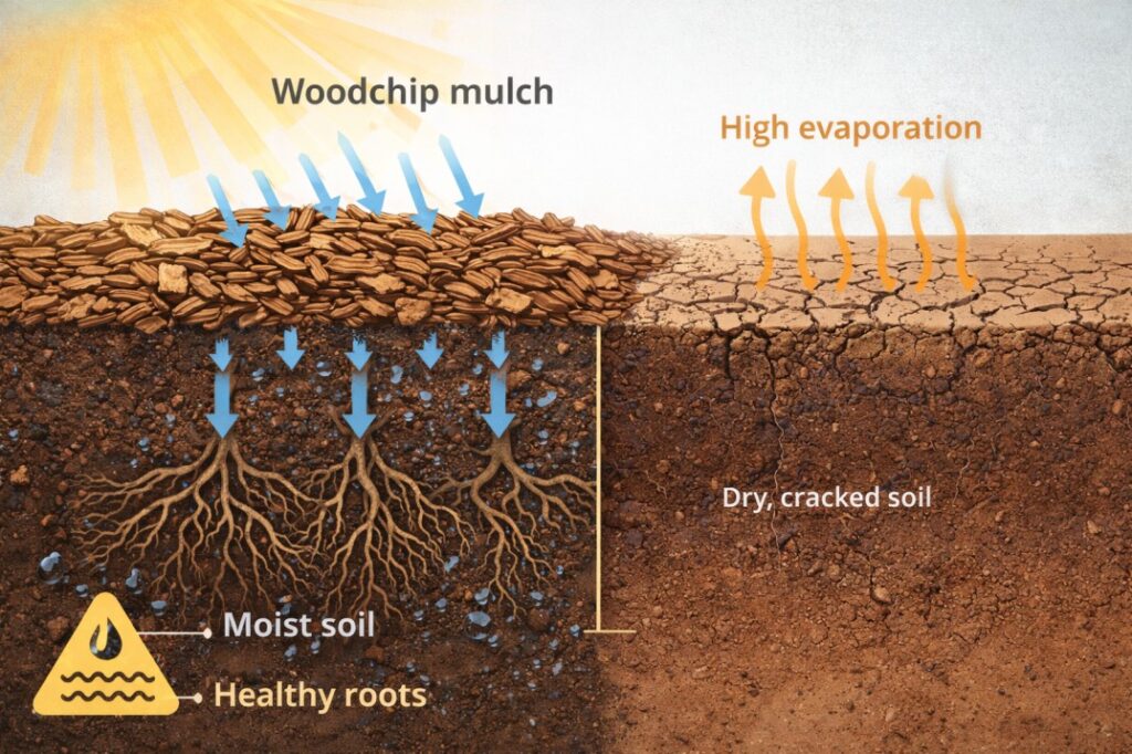 Cross-section diagram showing how a thick mulch layer reduces evaporation and conserves soil moisture for water saving backyard Australia.