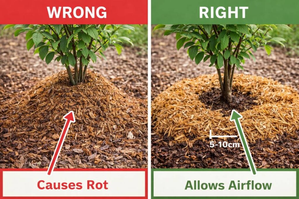 Correct and incorrect mulch application from a trusted garden mulch guide Australia, showing how to avoid mulch volcanoes around plant stems.