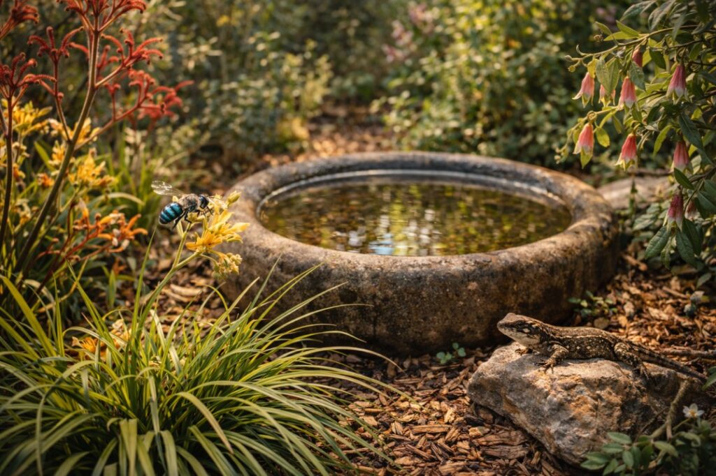 A serene nook with native plants and a birdbath, creating a wildlife-friendly sanctuary with small backyard gardening ideas Australia.