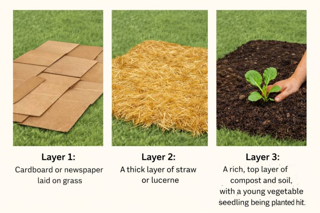 Building healthy garden soil using the no-dig layering method with cardboard, straw, and compost.