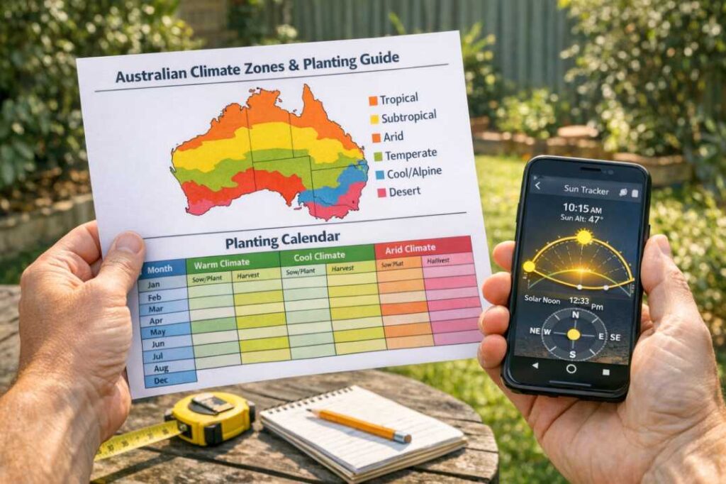 Planning a veggie patch in Australia with a climate zone map and sun-tracking guide