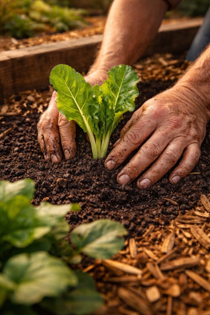 Planting silverbeet in morning light