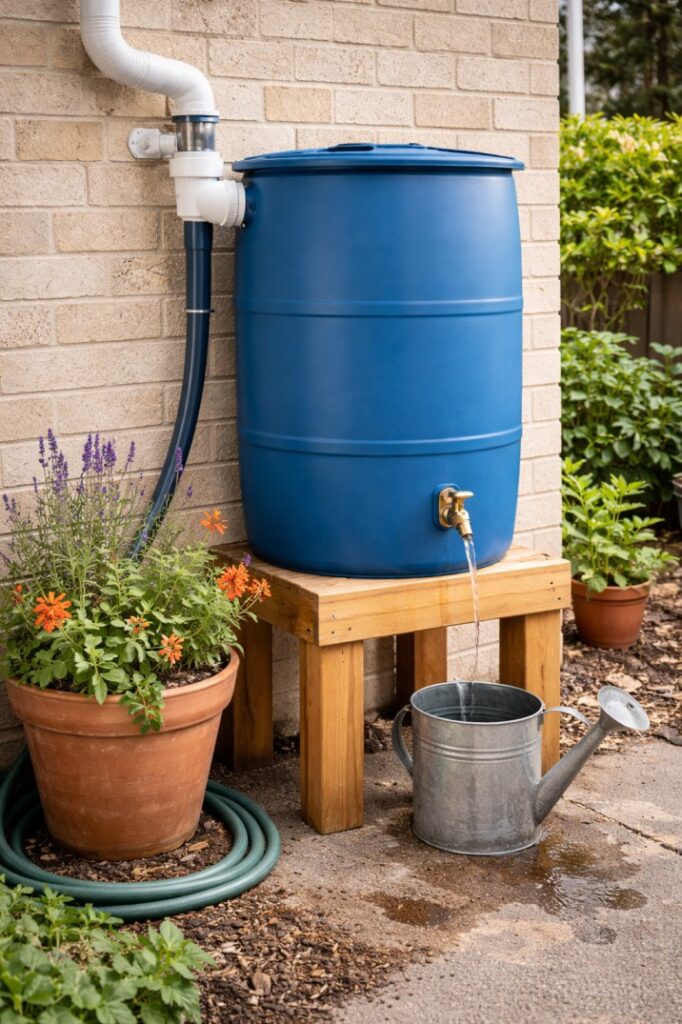 An easy starter setup for rainwater harvesting backyard Australia using a rain barrel and diverter kit.