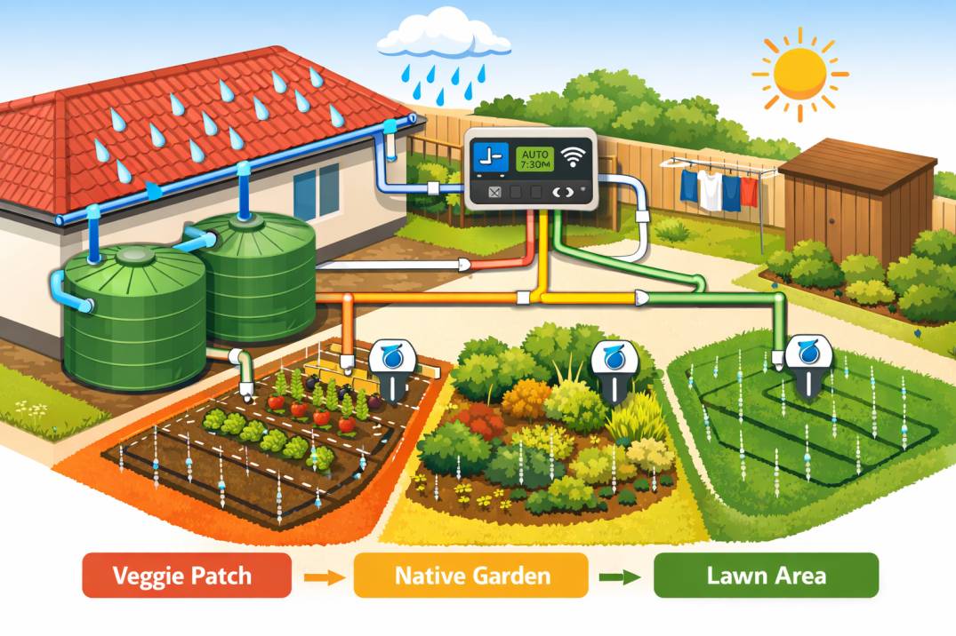 A complete diagram of a water wise backyard Australia system showing rainwater harvesting, smart irrigation zones, and drought-tolerant planting.