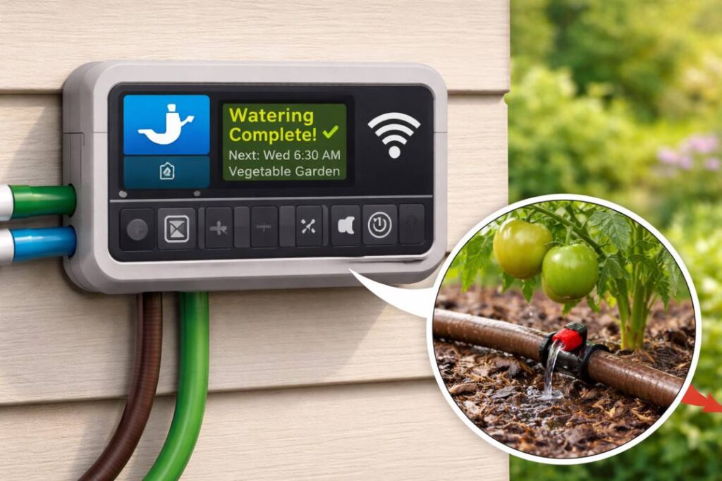A smart irrigation controller and drip emitter working efficiently in a backyard, key technology for a water wise garden.