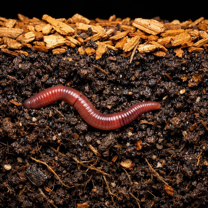 Extreme close-up of perfect, healthy garden soil with compost, woodchip mulch, and an earthworm, showing the foundation of a climate-resilient garden.