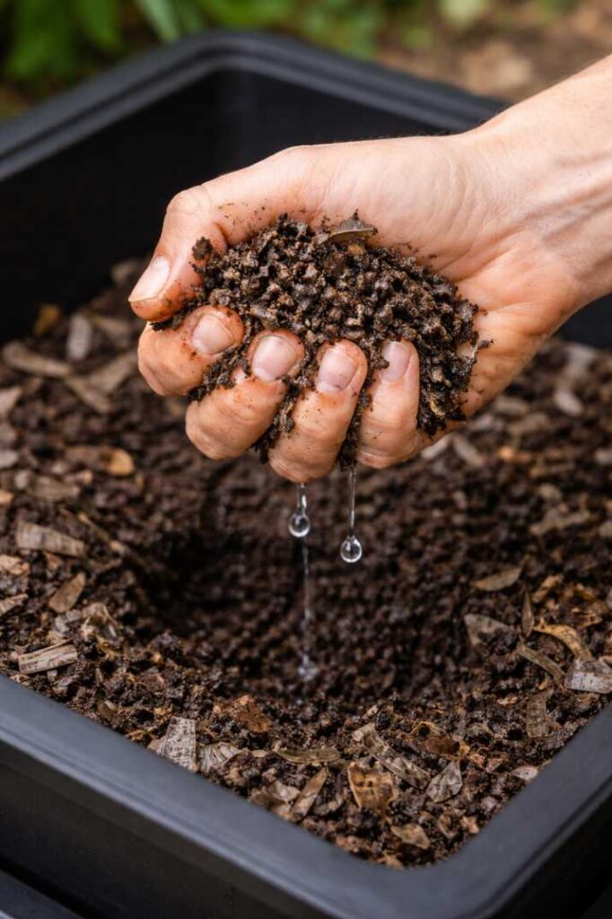 Troubleshooting worm farm moisture: testing bedding that has the ideal, damp sponge consistency.